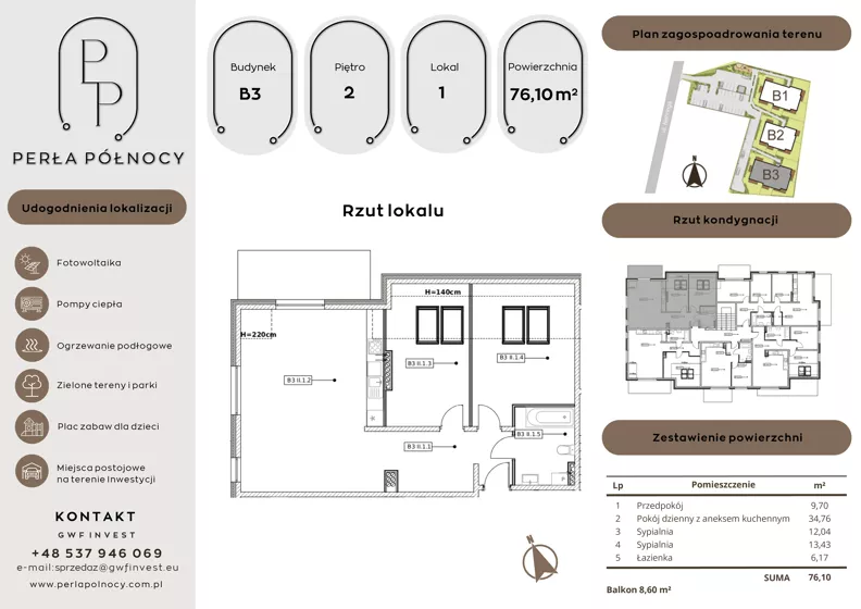 3 pokoje, mieszkanie 76,10 m², piętro 2, oferta nr B3.2_1, Perła Północy II, Szczecin, Północ, Stołczyn, ul. Władysława Nehringa
