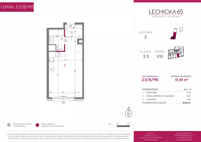 1 pokój, mieszkanie 31,39 m², piętro 8, oferta nr 2.3/8/M5, Lechicka 65, Poznań, Piątkowo, ul. Lechicka 65