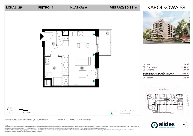 1 pokój, mieszkanie 30,83 m², piętro 4, oferta nr A.04.L.29, ReVola, Warszawa, Wola, Młynów, ul. Karolkowa 53