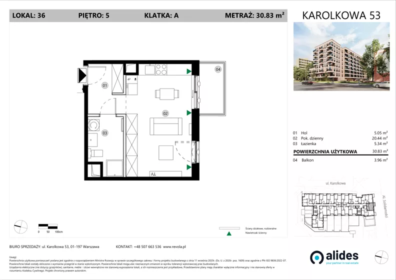 1 pokój, mieszkanie 30,83 m², piętro 5, oferta nr A.05.L.36, ReVola, Warszawa, Wola, Młynów, ul. Karolkowa 53
