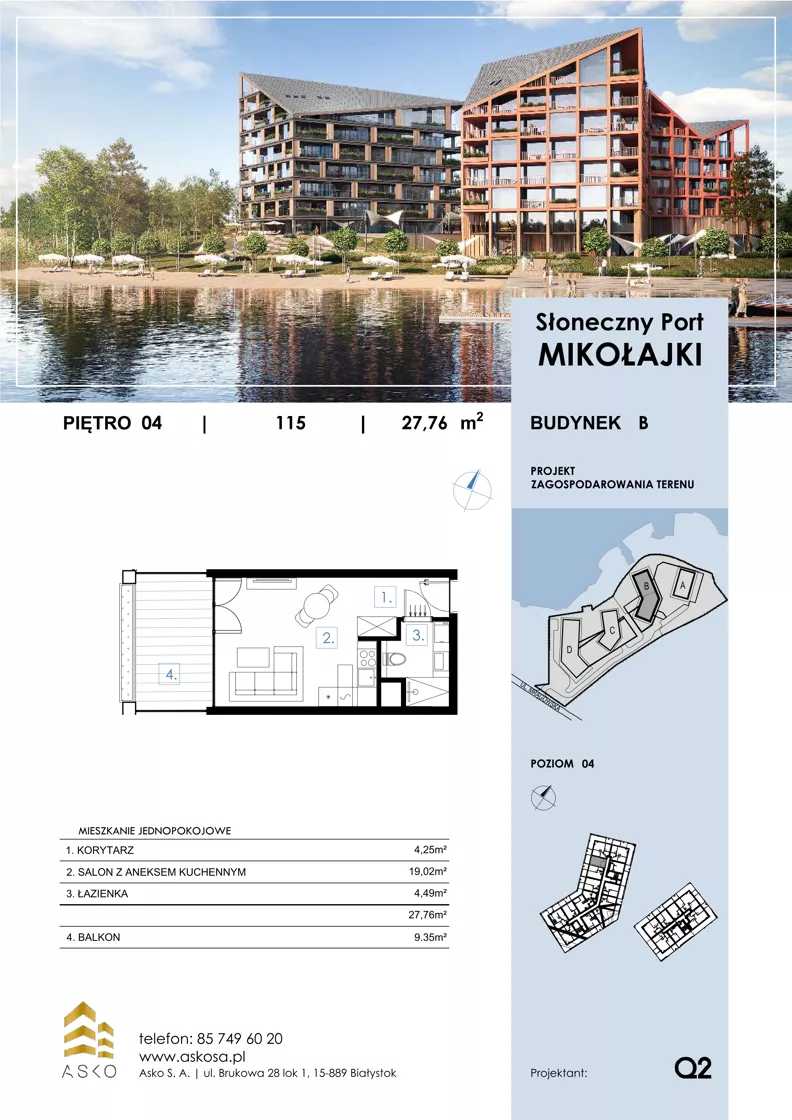 1 pokój, mieszkanie 27,76 m², piętro 4, oferta nr 115.M, Słoneczny Port Mikołajki, Mikołajki, ul. Mrągowska 20 a