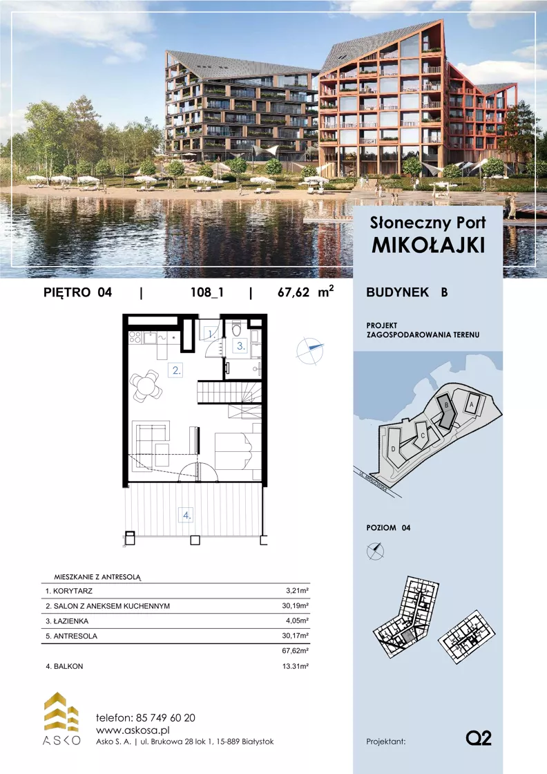 2 pokoje, apartament 67,62 m², piętro 4, oferta nr 108.M, Słoneczny Port Mikołajki, Mikołajki, ul. Mrągowska 20 a