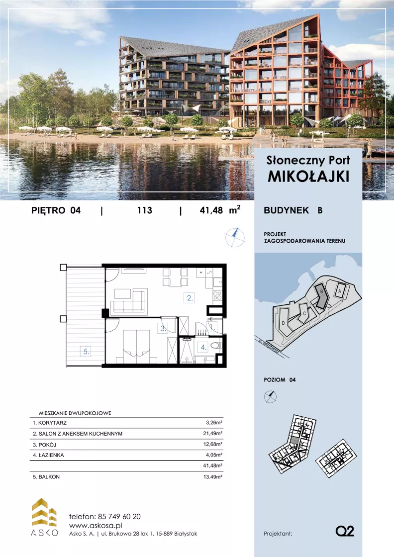 2 pokoje, mieszkanie 41,48 m², piętro 4, oferta nr 113.M, Słoneczny Port Mikołajki, Mikołajki, ul. Mrągowska 20 a