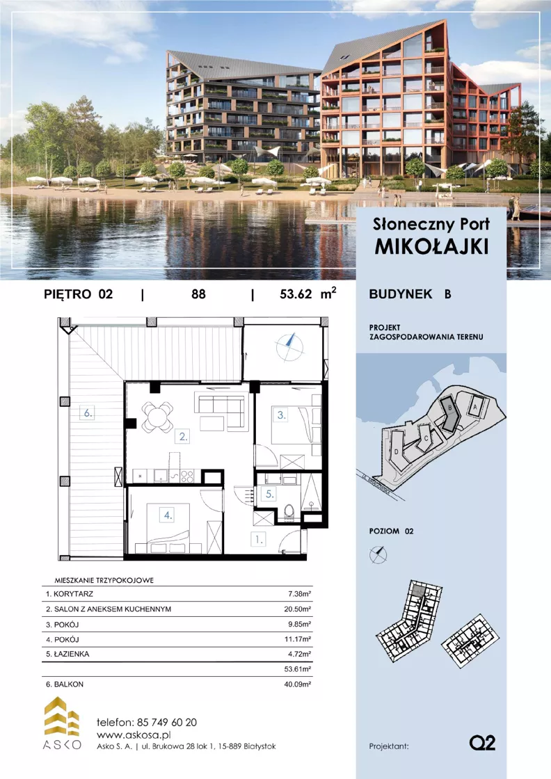 3 pokoje, mieszkanie 53,21 m², piętro 2, oferta nr 88.M, Słoneczny Port Mikołajki, Mikołajki, ul. Mrągowska 20 a