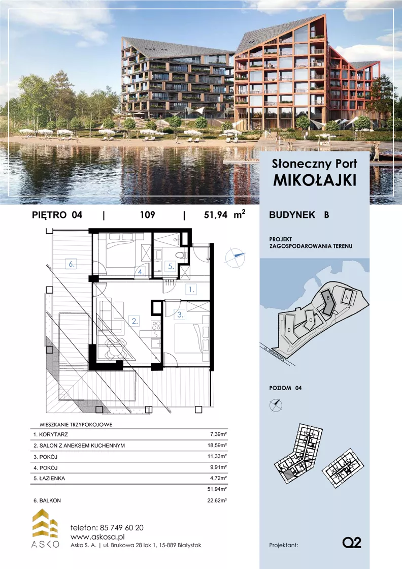 3 pokoje, mieszkanie 59,35 m², piętro 4, oferta nr 109.M, Słoneczny Port Mikołajki, Mikołajki, ul. Mrągowska 20 a