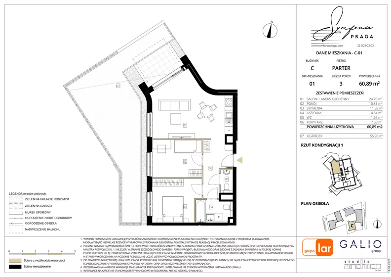 3 pokoje, apartament 60,89 m², parter, oferta nr C-1, Symfonia Praga, Warszawa, Praga Południe, Kamionek, ul. Mińska