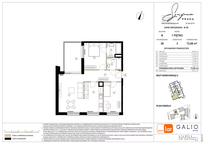3 pokoje, apartament 72,88 m², piętro 1, oferta nr B-38, Symfonia Praga, Warszawa, Praga Południe, Kamionek, ul. Mińska