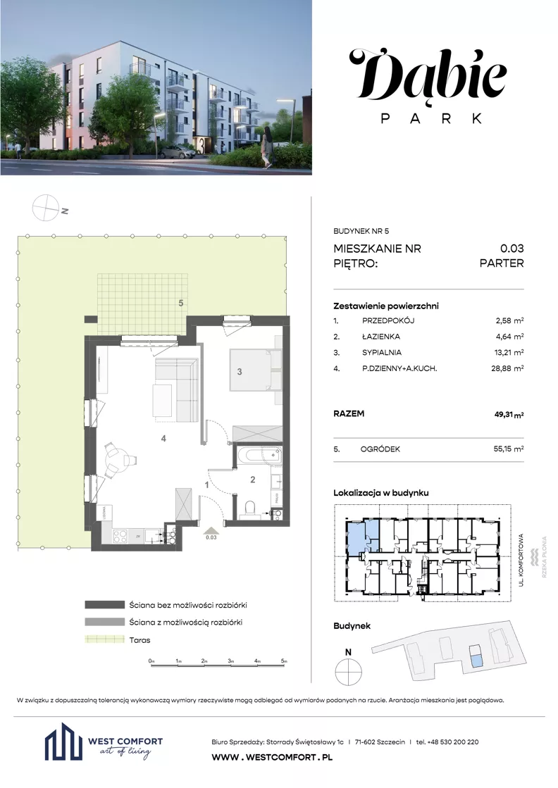 2 pokoje, apartament 49,31 m², parter, oferta nr 0.03, Dąbie Park etap II, Szczecin, Prawobrzeże, Dąbie, ul. Komfortowa 10