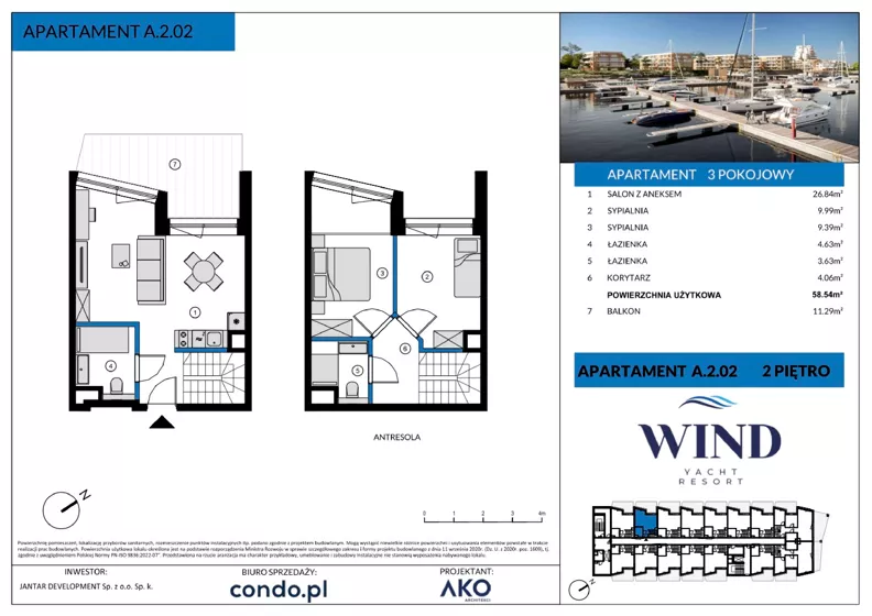 3 pokoje, apartament inwestycyjny 58,54 m², piętro 2, oferta nr A.2.02, Wind Yacht Resort, Wiślinka, ul. Piaskowa 1-3