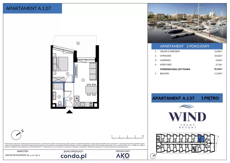 2 pokoje, apartament inwestycyjny 35,23 m², piętro 1, oferta nr A.1.07, Wind Yacht Resort, Wiślinka, ul. Piaskowa 1-3