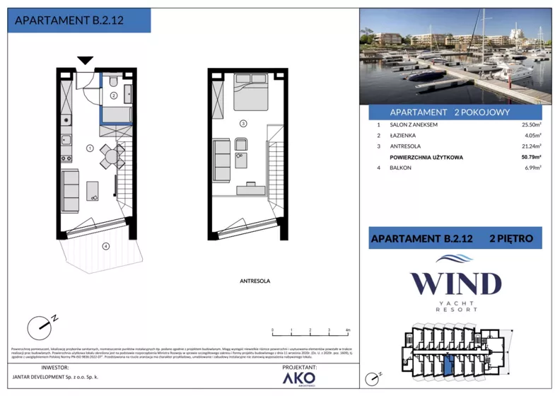 2 pokoje, apartament inwestycyjny 50,79 m², piętro 2, oferta nr B.2.12, Wind Yacht Resort, Wiślinka, ul. Piaskowa 1-3