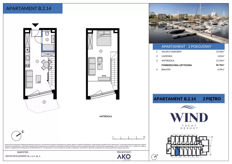 2 pokoje, apartament inwestycyjny 50,79 m², piętro 2, oferta nr B.2.14, Wind Yacht Resort, Wiślinka, ul. Piaskowa 1-3