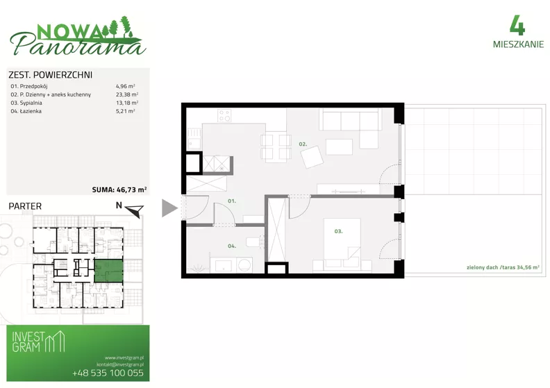 2 pokoje, mieszkanie 46,73 m², parter, oferta nr 4, Nowa Panorama bud.2, Sosnowiec, Zagórze, Środula, ul. Sokolska 102