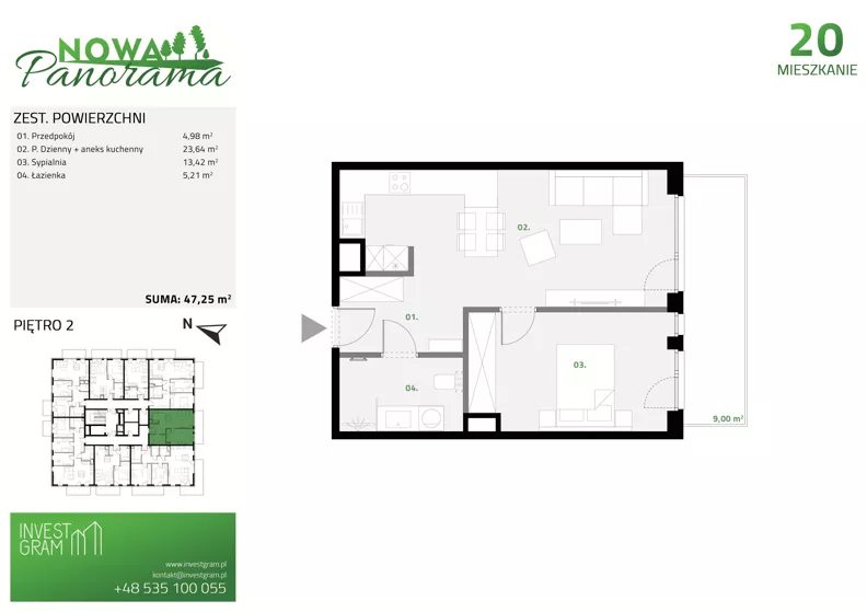 2 pokoje, mieszkanie 47,25 m², piętro 2, oferta nr 20, Nowa Panorama bud.2, Sosnowiec, Zagórze, Środula, ul. Sokolska 102
