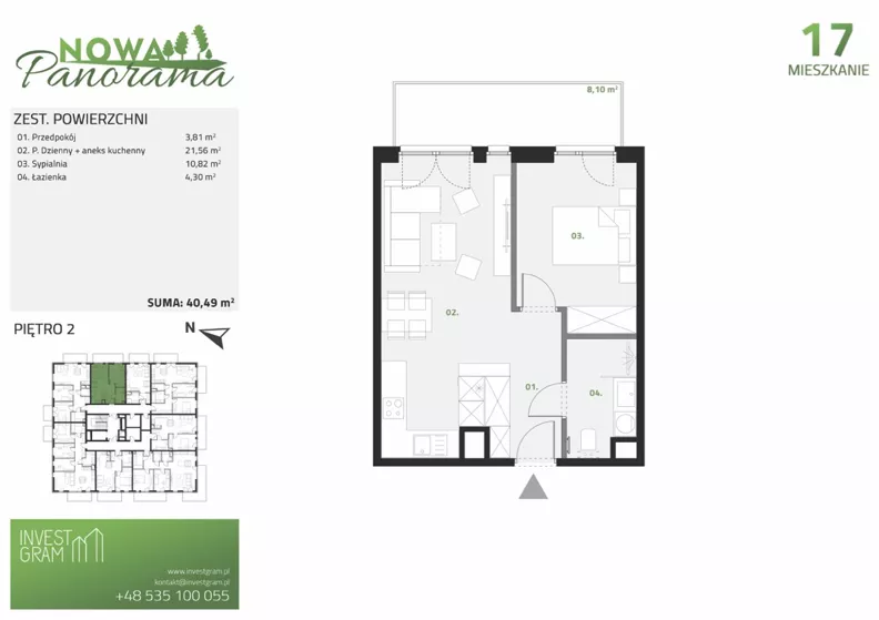 2 pokoje, mieszkanie 40,49 m², piętro 2, oferta nr 17, Nowa Panorama bud.3, Sosnowiec, Zagórze, Środula, ul. Sokolska 104