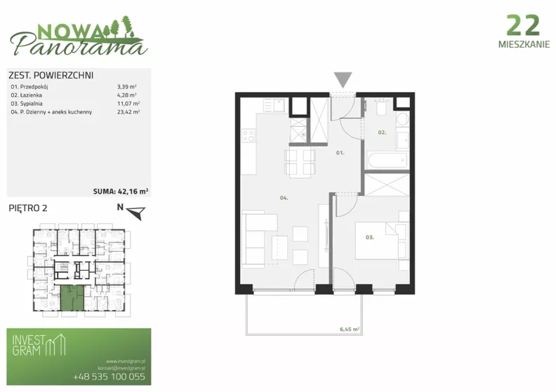 2 pokoje, mieszkanie 42,16 m², piętro 2, oferta nr 22, Nowa Panorama bud.3, Sosnowiec, Zagórze, Środula, ul. Sokolska 104