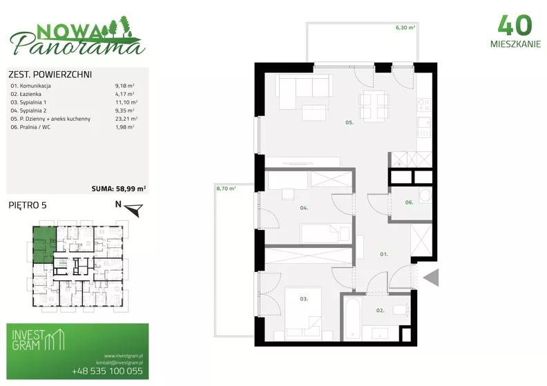 3 pokoje, mieszkanie 58,99 m², piętro 5, oferta nr 40, Nowa Panorama bud.1, Sosnowiec, Zagórze, Środula, ul. Sokolska 100