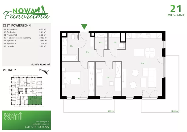3 pokoje, mieszkanie 73,97 m², piętro 2, oferta nr 21, Nowa Panorama bud.2, Sosnowiec, Zagórze, Środula, ul. Sokolska 102