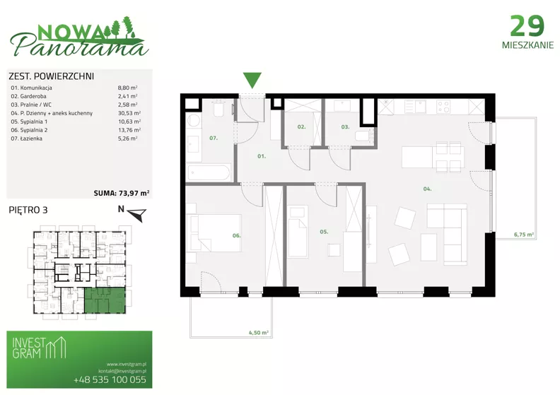 3 pokoje, mieszkanie 73,97 m², piętro 3, oferta nr 29, Nowa Panorama bud.2, Sosnowiec, Zagórze, Środula, ul. Sokolska 102