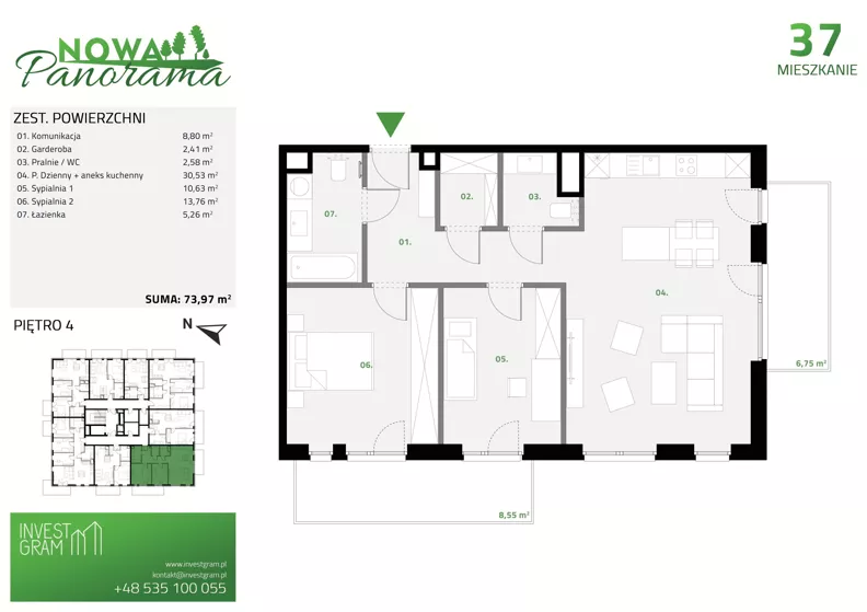 3 pokoje, mieszkanie 73,97 m², piętro 4, oferta nr 37, Nowa Panorama bud.2, Sosnowiec, Zagórze, Środula, ul. Sokolska 102