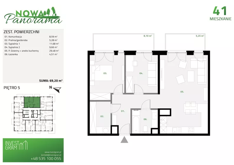 3 pokoje, mieszkanie 69,20 m², piętro 5, oferta nr 41, Nowa Panorama bud.2, Sosnowiec, Zagórze, Środula, ul. Sokolska 102