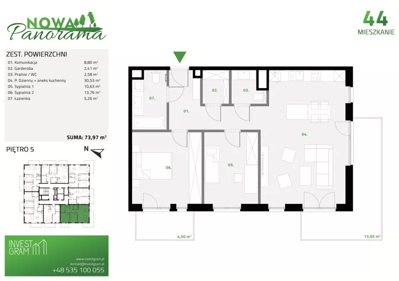 3 pokoje, mieszkanie 73,97 m², piętro 5, oferta nr 44, Nowa Panorama bud.2, Sosnowiec, Zagórze, Środula, ul. Sokolska 102
