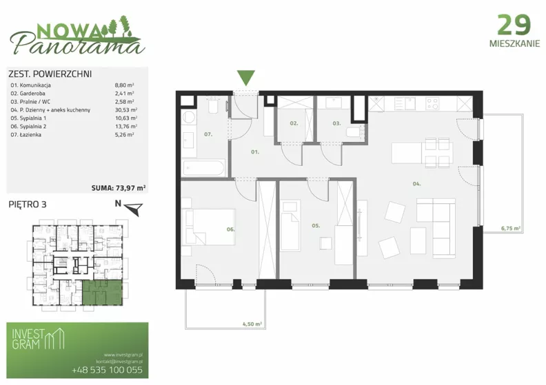 3 pokoje, mieszkanie 73,97 m², piętro 3, oferta nr 29, Nowa Panorama bud.3, Sosnowiec, Zagórze, Środula, ul. Sokolska 104
