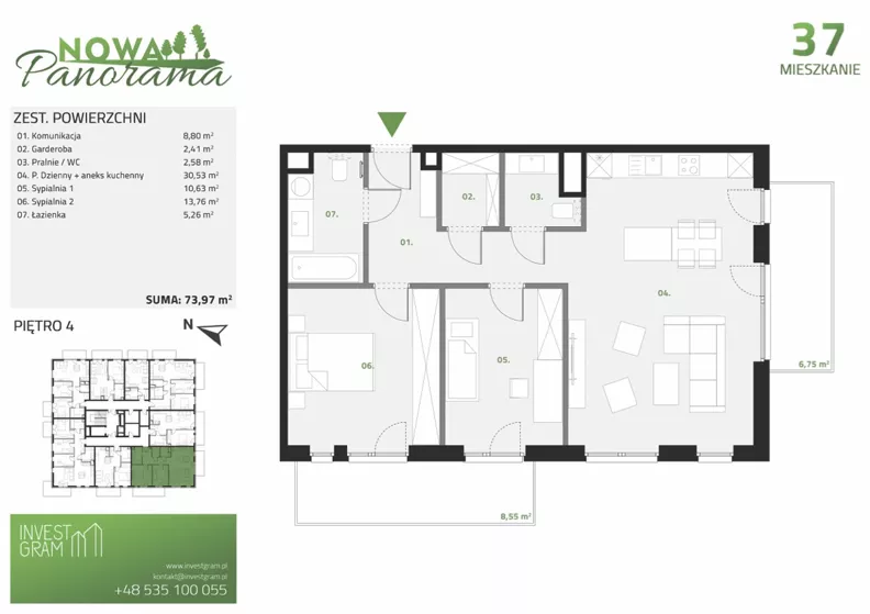 3 pokoje, mieszkanie 73,97 m², piętro 4, oferta nr 37, Nowa Panorama bud.3, Sosnowiec, Zagórze, Środula, ul. Sokolska 104