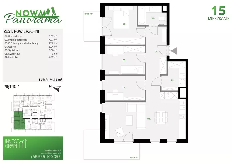 4 pokoje, mieszkanie 74,75 m², piętro 1, oferta nr 15, Nowa Panorama bud.2, Sosnowiec, Zagórze, Środula, ul. Sokolska 102