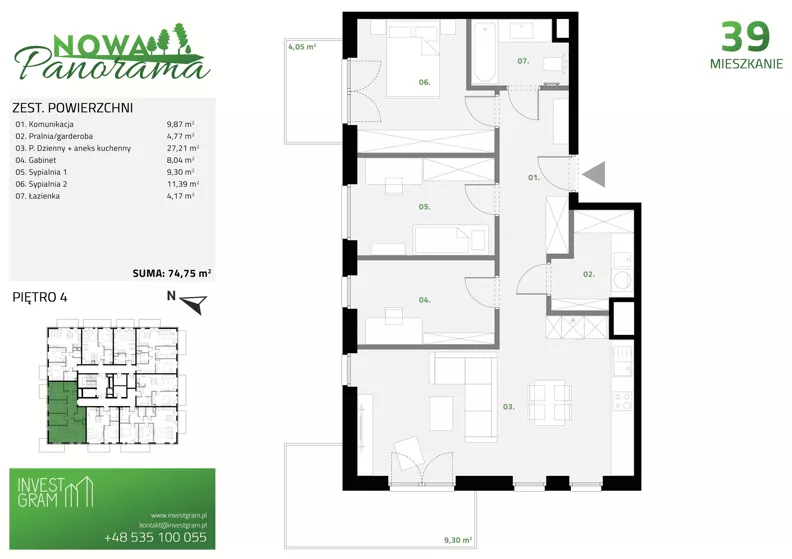 4 pokoje, mieszkanie 74,75 m², piętro 4, oferta nr 39, Nowa Panorama bud.2, Sosnowiec, Zagórze, Środula, ul. Sokolska 102