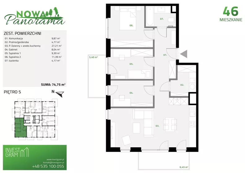 4 pokoje, mieszkanie 74,75 m², piętro 5, oferta nr 46, Nowa Panorama bud.2, Sosnowiec, Zagórze, Środula, ul. Sokolska 102