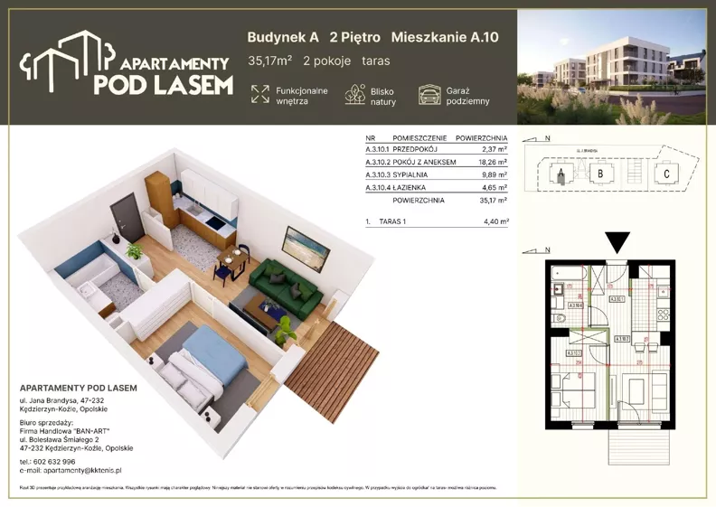 2 pokoje, mieszkanie 35,17 m², piętro 2, oferta nr A.10, Apartamenty Pod Lasem, Kędzierzyn-Koźle, ul. Jana Brandysa
