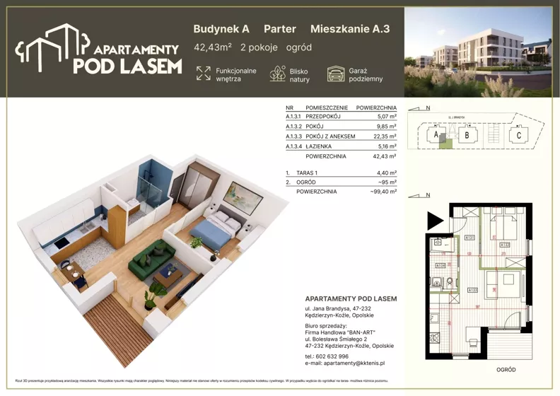 2 pokoje, mieszkanie 42,43 m², parter, oferta nr A.03, Apartamenty Pod Lasem, Kędzierzyn-Koźle, ul. Jana Brandysa