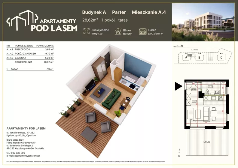 1 pokój, mieszkanie 28,62 m², parter, oferta nr A.04, Apartamenty Pod Lasem, Kędzierzyn-Koźle, ul. Jana Brandysa