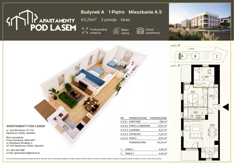 3 pokoje, mieszkanie 63,25 m², piętro 1, oferta nr A.05, Apartamenty Pod Lasem, Kędzierzyn-Koźle, ul. Jana Brandysa