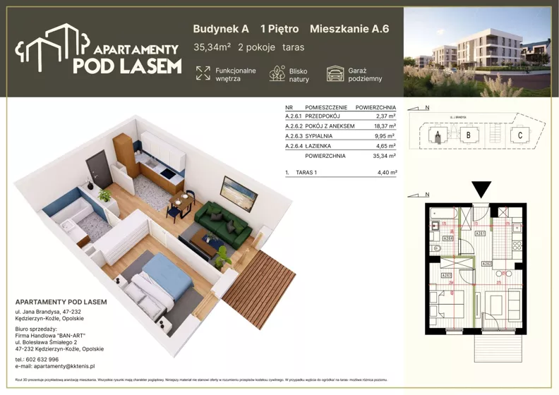 2 pokoje, mieszkanie 35,34 m², piętro 1, oferta nr A.06, Apartamenty Pod Lasem, Kędzierzyn-Koźle, ul. Jana Brandysa