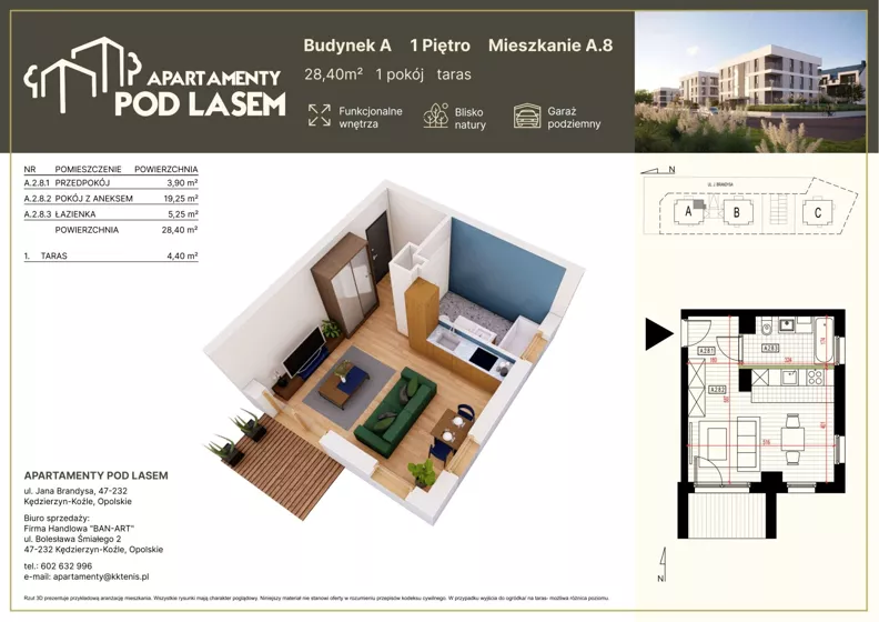 1 pokój, mieszkanie 28,40 m², piętro 1, oferta nr A.08, Apartamenty Pod Lasem, Kędzierzyn-Koźle, ul. Jana Brandysa