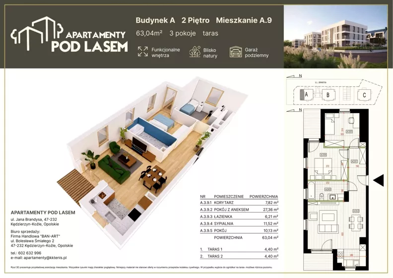 3 pokoje, mieszkanie 63,04 m², piętro 2, oferta nr A.09, Apartamenty Pod Lasem, Kędzierzyn-Koźle, ul. Jana Brandysa