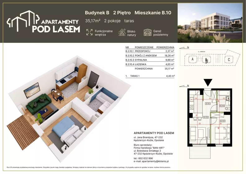 2 pokoje, mieszkanie 35,17 m², piętro 2, oferta nr B.10, Apartamenty Pod Lasem, Kędzierzyn-Koźle, ul. Jana Brandysa