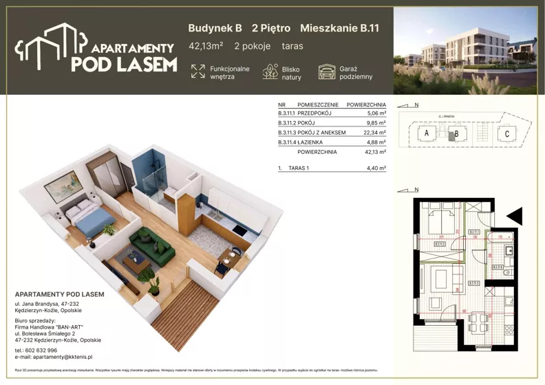2 pokoje, mieszkanie 42,13 m², piętro 2, oferta nr B.11, Apartamenty Pod Lasem, Kędzierzyn-Koźle, ul. Jana Brandysa