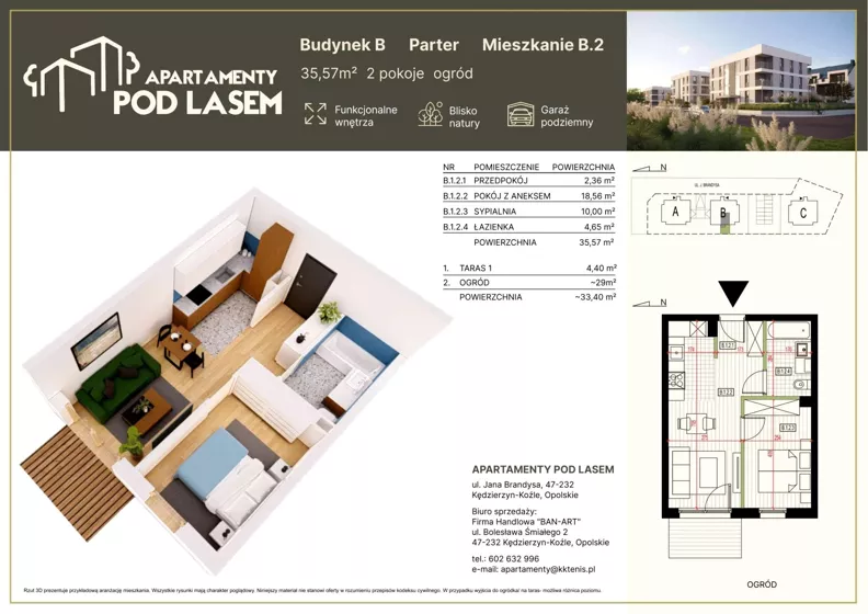 2 pokoje, mieszkanie 35,57 m², parter, oferta nr B.02, Apartamenty Pod Lasem, Kędzierzyn-Koźle, ul. Jana Brandysa