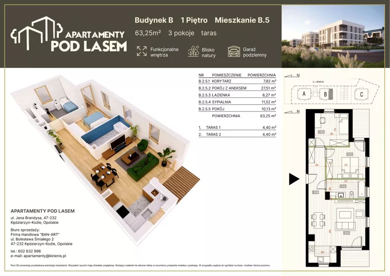 3 pokoje, mieszkanie 63,25 m², piętro 1, oferta nr B.05, Apartamenty Pod Lasem, Kędzierzyn-Koźle, ul. Jana Brandysa