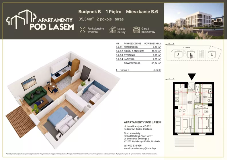 2 pokoje, mieszkanie 35,34 m², piętro 1, oferta nr B.06, Apartamenty Pod Lasem, Kędzierzyn-Koźle, ul. Jana Brandysa