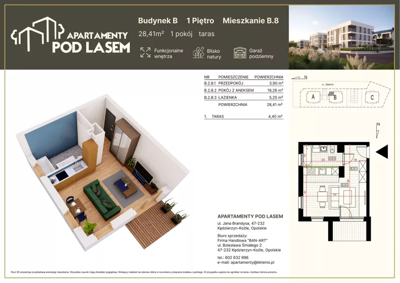 1 pokój, mieszkanie 28,41 m², piętro 1, oferta nr B.08, Apartamenty Pod Lasem, Kędzierzyn-Koźle, ul. Jana Brandysa