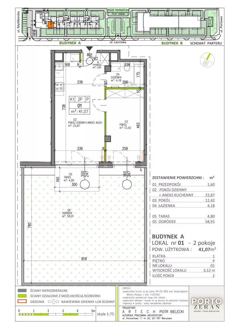 2 pokoje, mieszkanie 41,07 m², parter, oferta nr A.K1.01, Porto Żerań, Warszawa, Białołęka, Żerań, ul. Myśliborska