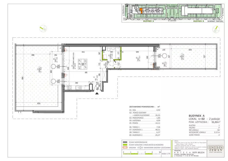 2 pokoje, mieszkanie 51,53 m², parter, oferta nr A.K1.02, Porto Żerań, Warszawa, Białołęka, Żerań, ul. Myśliborska