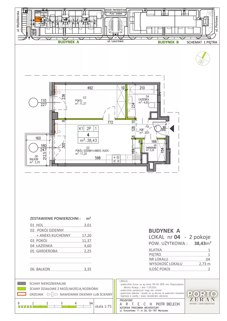 2 pokoje, mieszkanie 38,43 m², piętro 1, oferta nr A.K1.04, Porto Żerań, Warszawa, Białołęka, Żerań, ul. Myśliborska