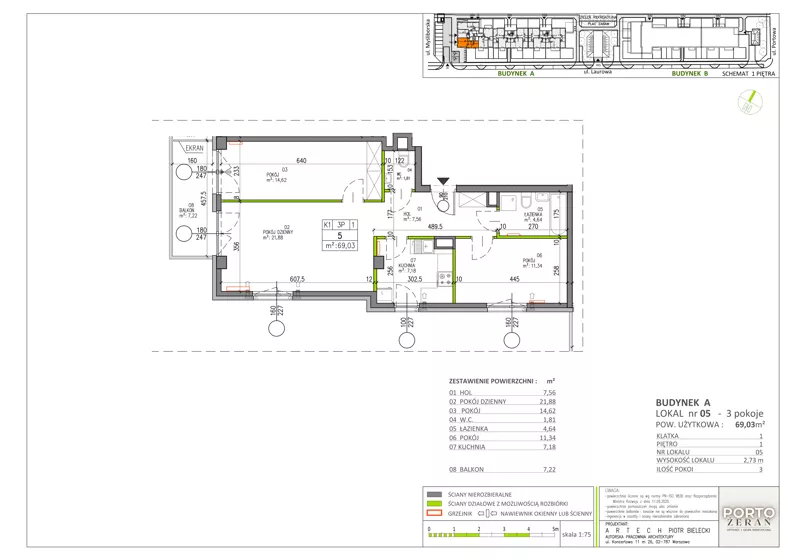 3 pokoje, mieszkanie 69,03 m², piętro 1, oferta nr A.K1.05, Porto Żerań, Warszawa, Białołęka, Żerań, ul. Myśliborska