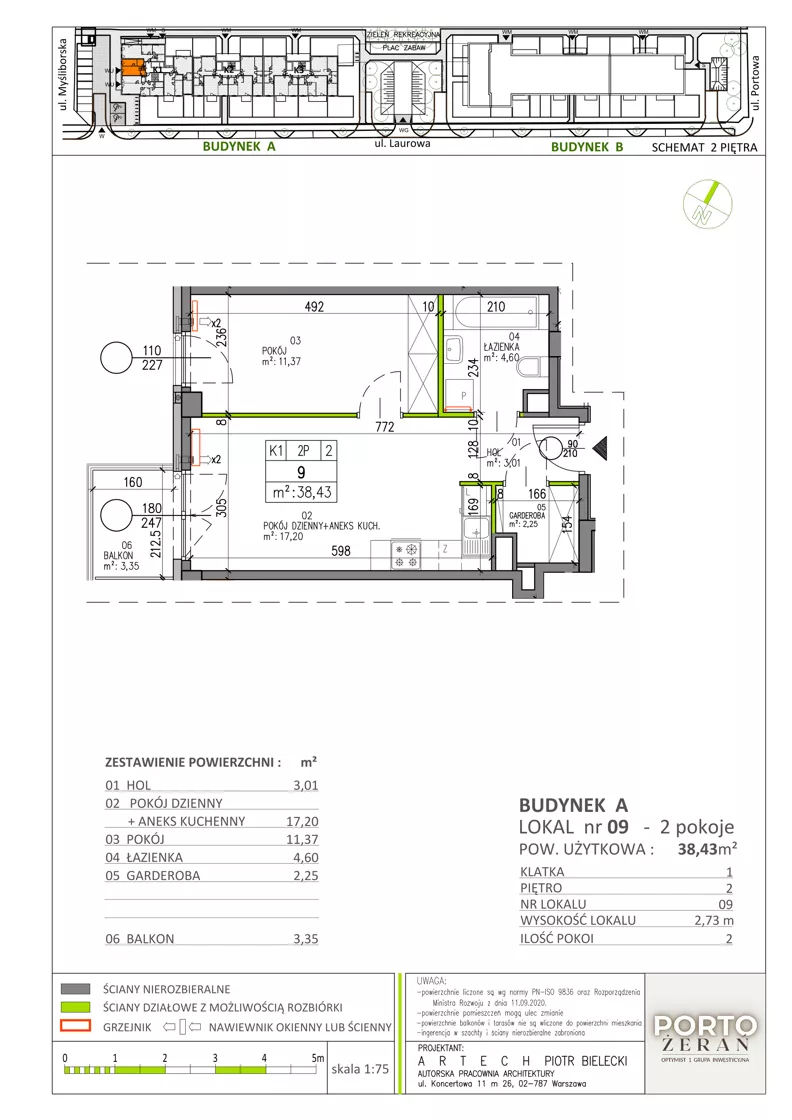 2 pokoje, mieszkanie 38,43 m², piętro 2, oferta nr A.K1.09, Porto Żerań, Warszawa, Białołęka, Żerań, ul. Myśliborska