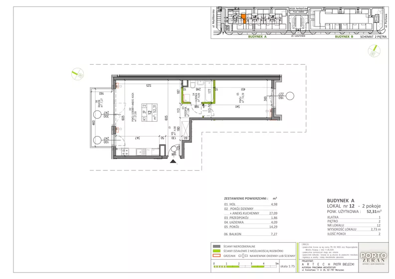 2 pokoje, mieszkanie 52,31 m², piętro 2, oferta nr A.K1.12, Porto Żerań, Warszawa, Białołęka, Żerań, ul. Myśliborska